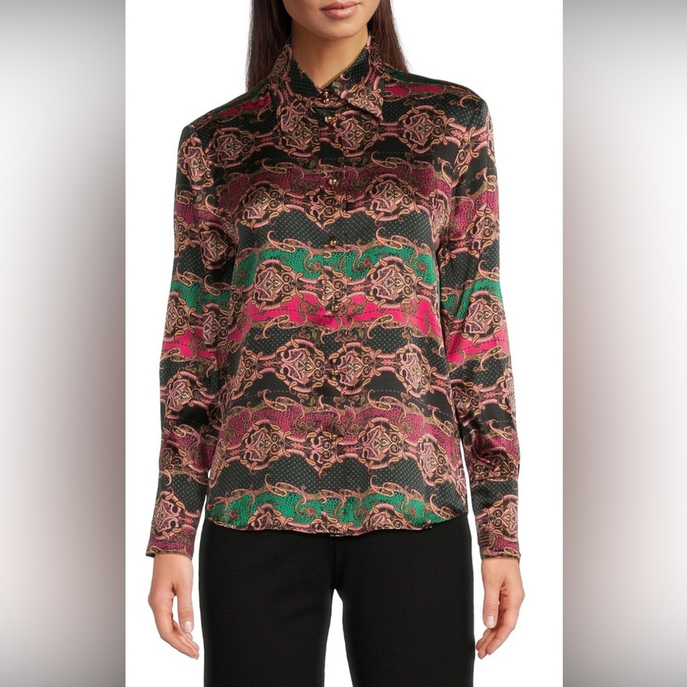 Tyler Boe Printed Long-Sleeve 100% Silk Blouse  Size 12 New without tag